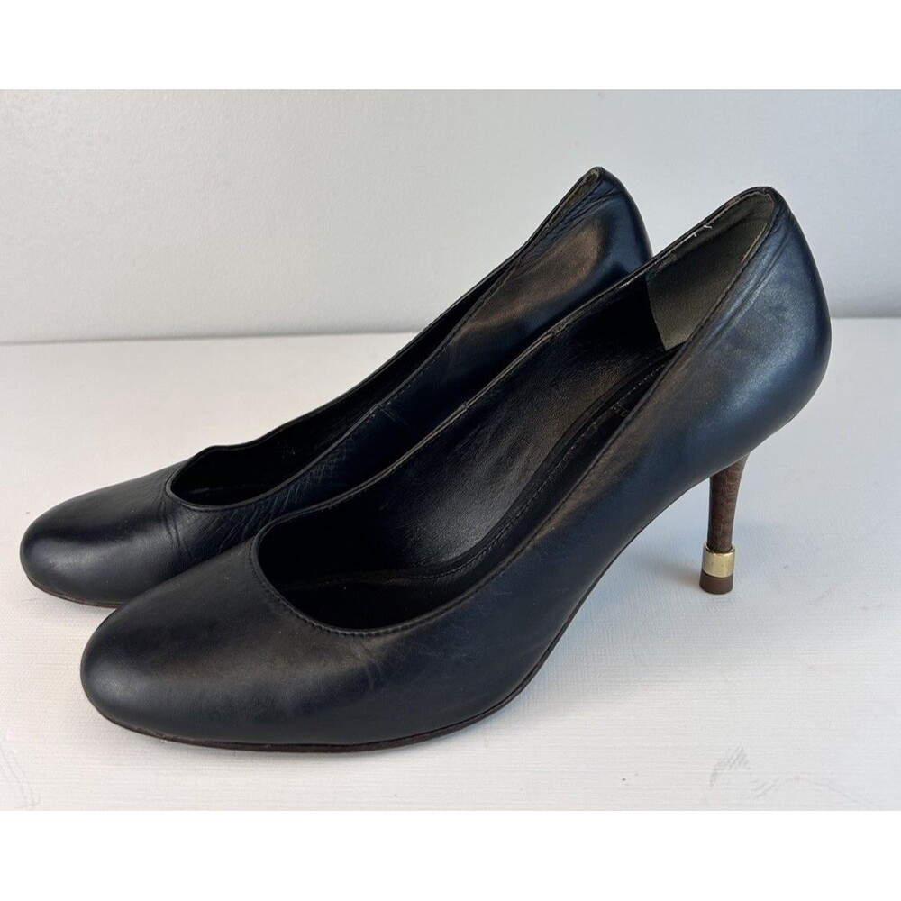 Tory Burch Black Leather Pumps With Gold Logo On Stiletto Womens Size 7